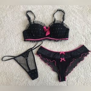 Frederick’s Crystal Embellished Bra, Thong and Panty 3 Piece Set, NWOT